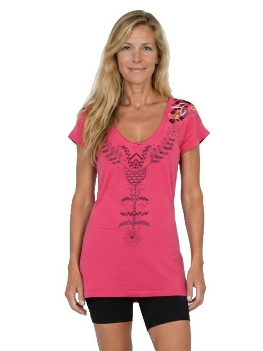 Johnny Was JW Los Angeles Magenta Embroidered Floral Short Sleeve T-Shirt Small